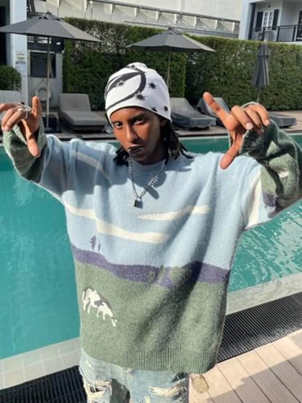 Men Oversized Cable Knit Pullover Graphic Sweater Crewneck Cute Y2K Unisex - Picture 2 of 5
